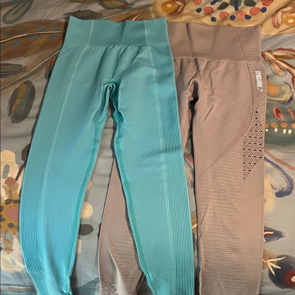 Gymshark Seamless Leggings in Aqua and Taupe bundle.